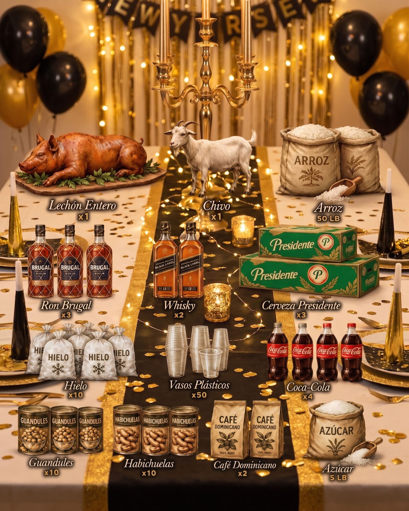 Lo que incluye el banquete: lechón entero, chivo, 50 lb de arroz, 3 botellas de Ron Brugal, 2 botellas de whisky, 3 cajas de cerveza Presidente, 10 fundas de hielo, 50 vasos plásticos, 4 Coca-Colas, 10 latas de guandules, 10 latas de habichuelas, 2 paquetes de café dominicano y 5 lb de azúcar.