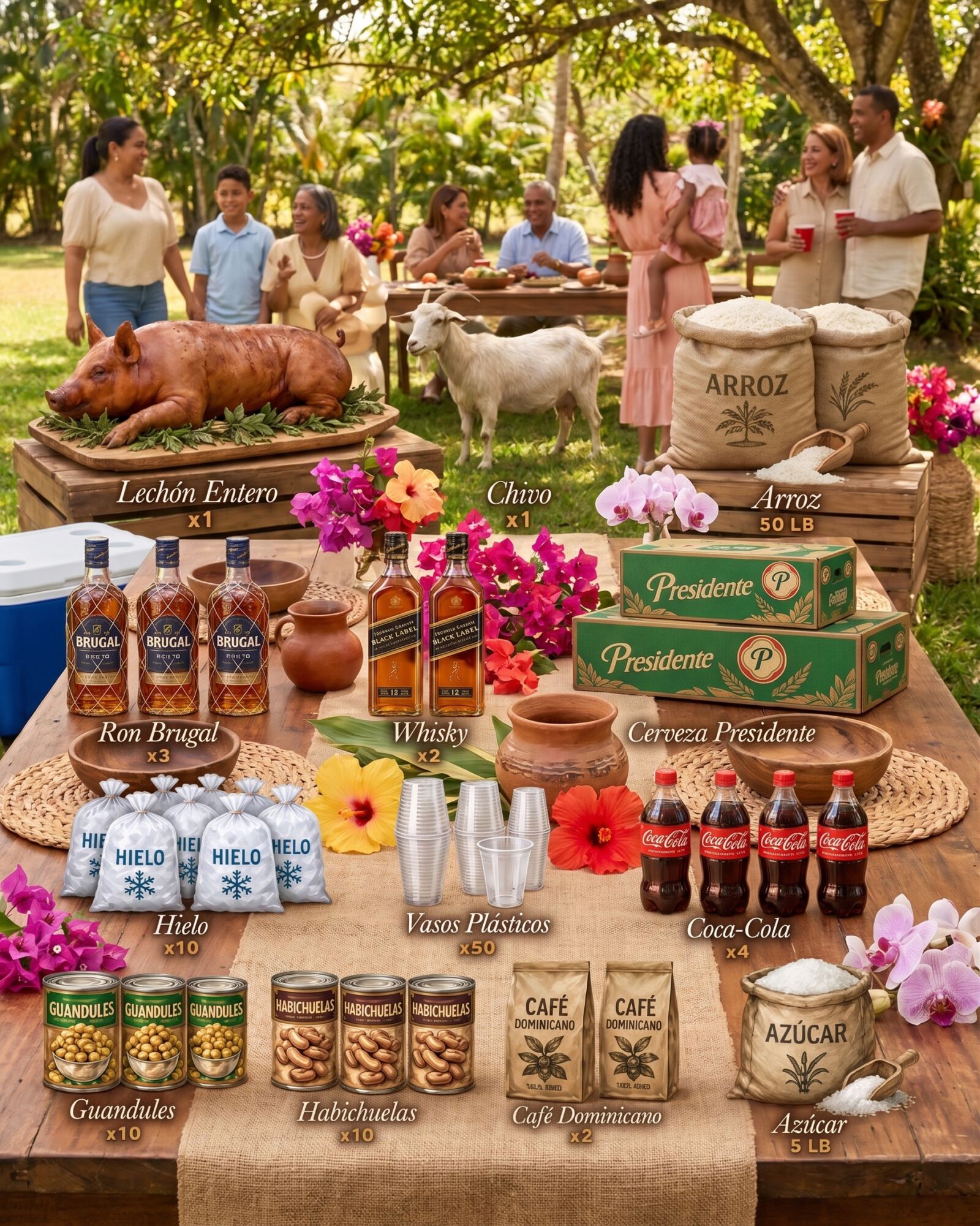 Lo que incluye el banquete: lechón entero, chivo, 50 lb de arroz, 3 botellas de Ron Brugal, 2 botellas de whisky, 3 cajas de cerveza Presidente, 10 fundas de hielo, 50 vasos plásticos, 4 Coca-Colas, 10 latas de guandules, 10 latas de habichuelas, 2 paquetes de café dominicano y 5 lb de azúcar.
